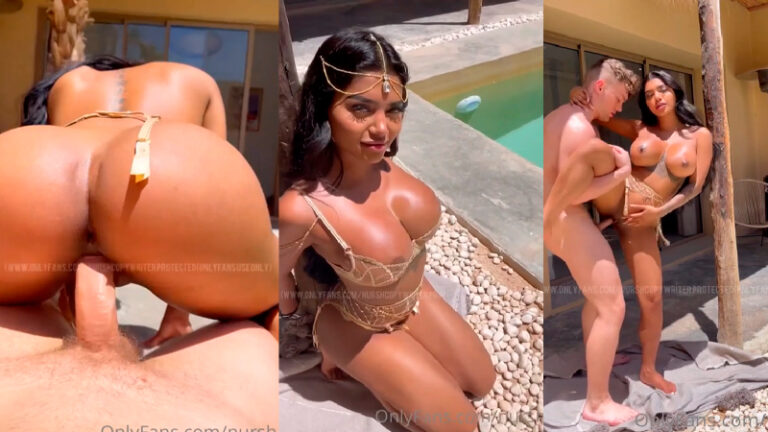 Chica sexy traviesa nursh obtiene una polla blanca cerca de la piscina