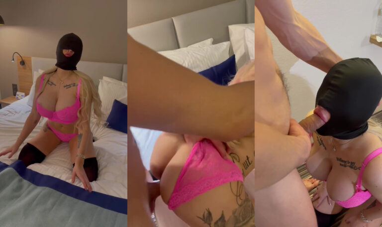 Melani con enormes tetas es follada duro mientras usa una máscara – Creampie masivo en la boca